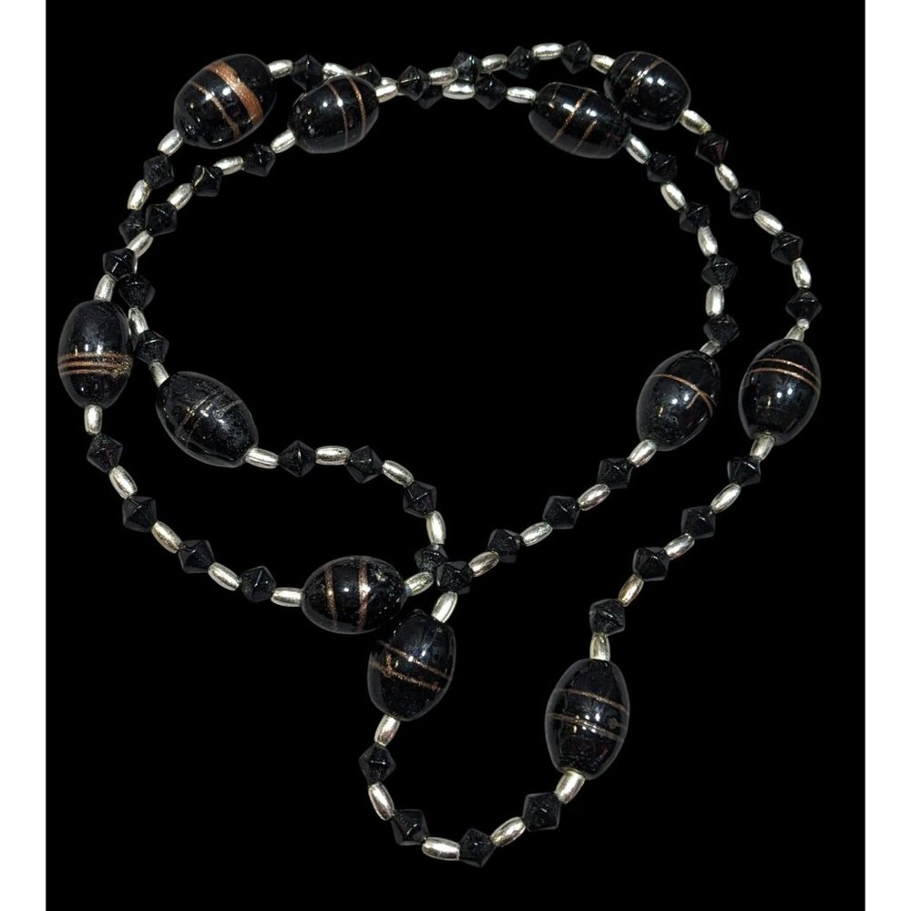 Gothic Black Glass And Silver Tone Beaded Necklace